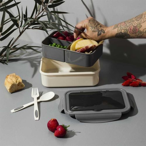 Lunch Box 2,5l à Triple Compartiments En Plastique Gris Blanc Avec Couverts -