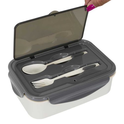 Lunch Box 2,5l à Triple Compartiments En Plastique Gris Blanc Avec Couverts -