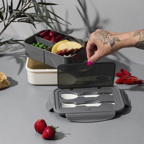 Lunch Box 2,5l à Triple Compartiments En Plastique Gris Blanc Avec Couverts -