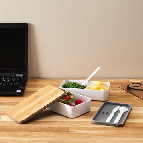 Lunch Box 1l à Double Niveaux En Plastique Avec Couvert Et Bande Élastique -