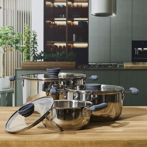 Ensemble De 3 Faitouts Tous Feux Dont Induction En Inox Avec Couvercles En Verre 3 Tailles 17, 21 E