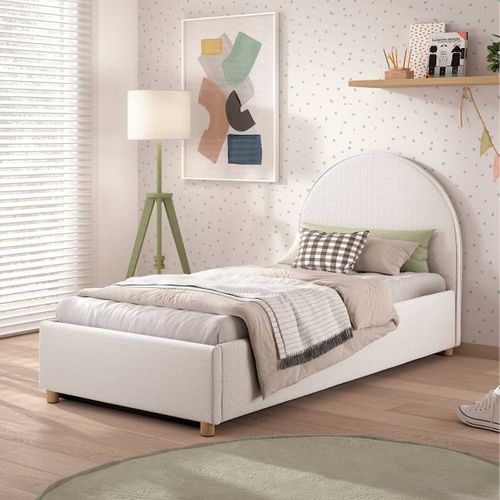 Lit Coffre 90x200cm Tête De Lit Demi-lune Tissu Bouclé Blanc - Connie