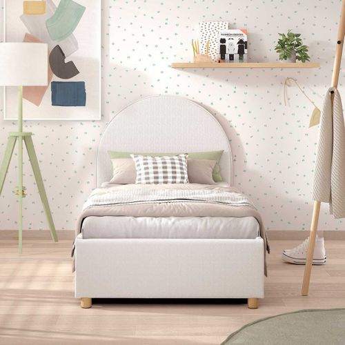 Lit Coffre 90x200cm Tête De Lit Demi-lune Tissu Bouclé Blanc - Connie