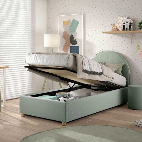 Lit Coffre 90x200cm Tête De Lit Demi-lune Tissu Bouclé Vert Olive - Connie