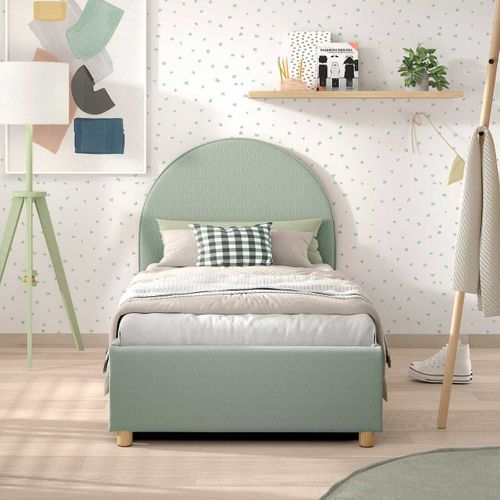Lit Coffre 90x200cm Tête De Lit Demi-lune Tissu Bouclé Vert Olive - Connie