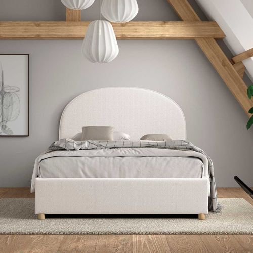 Lit Coffre 140x200cm Tête De Lit Demi-lune Tissu Bouclé Blanc - Connie