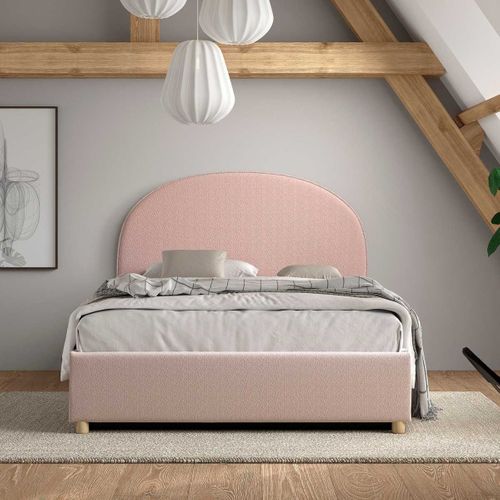 Lit Coffre 140x200cm Tête De Lit Demi-lune Tissu Bouclé Rose - Connie