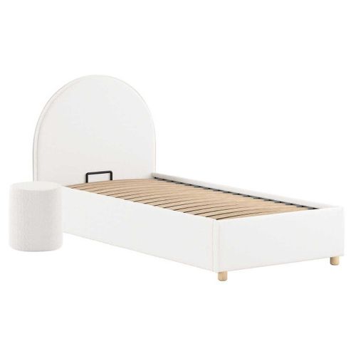 Pack Lit Coffre 90x200cm Tête Demi-lune + Pouf Tissu Bouclé Blanc - Connie