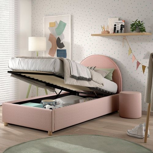Pack Lit Coffre 90x200cm Tête Demi-lune + Pouf Tissu Bouclé Rose - Connie