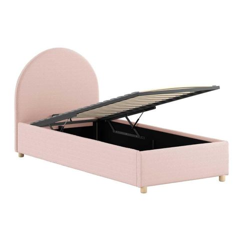 Pack Lit Coffre 90x200cm Tête Demi-lune + Pouf Tissu Bouclé Rose - Connie