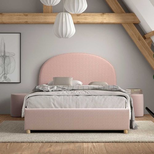 Pack Lit Coffre 140x200cm Tête Demi-lune + 2 Poufs Tissu Bouclé Rose - Connie