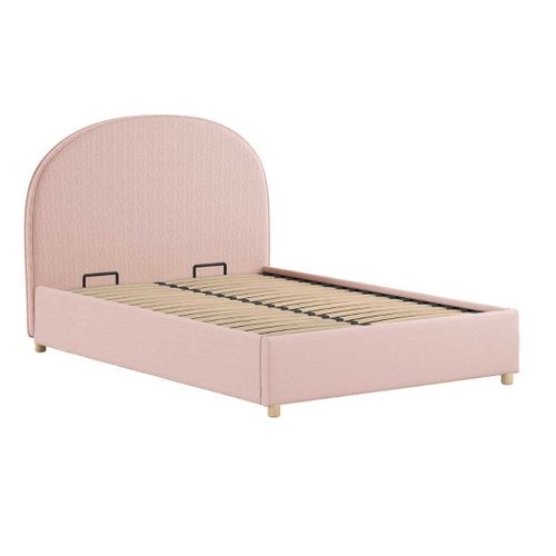 Pack Lit Coffre 140x200cm Tête Demi-lune + 2 Poufs Tissu Bouclé Rose - Connie