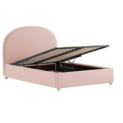 Pack Lit Coffre 140x200cm Tête Demi-lune + 2 Poufs Tissu Bouclé Rose - Connie