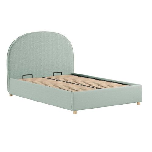 Pack Lit Coffre 140x200cm Tête Demi-lune + 2 Poufs Tissu Bouclé Vert Olive - Connie