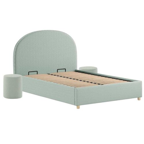 Pack Lit Coffre 140x200cm Tête Demi-lune + 2 Poufs Tissu Bouclé Vert Olive - Connie
