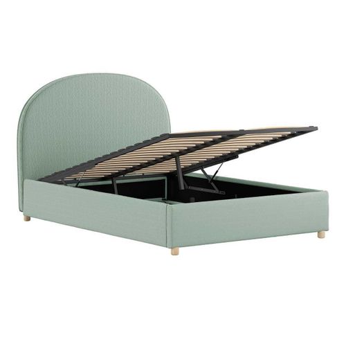 Pack Lit Coffre 140x200cm Tête Demi-lune + 2 Poufs Tissu Bouclé Vert Olive - Connie