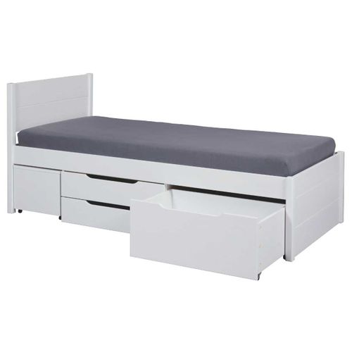 Lit 90x200cm Multi-rangement En Pin Massif Vernis Blanc - Efect