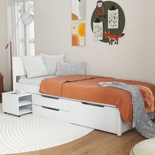 Lit 90x200cm Multi-rangement En Pin Massif Vernis Blanc - Efect