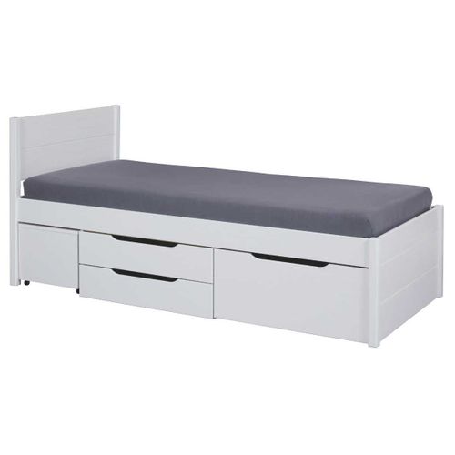 Lit 90x200cm Multi-rangement En Pin Massif Vernis Blanc - Efect