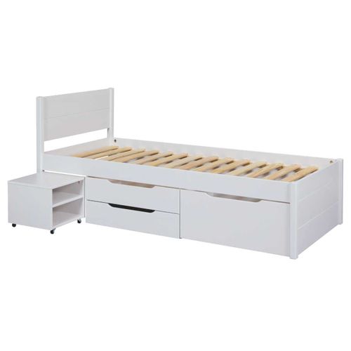 Lit 90x200cm Multi-rangement En Pin Massif Vernis Blanc - Efect