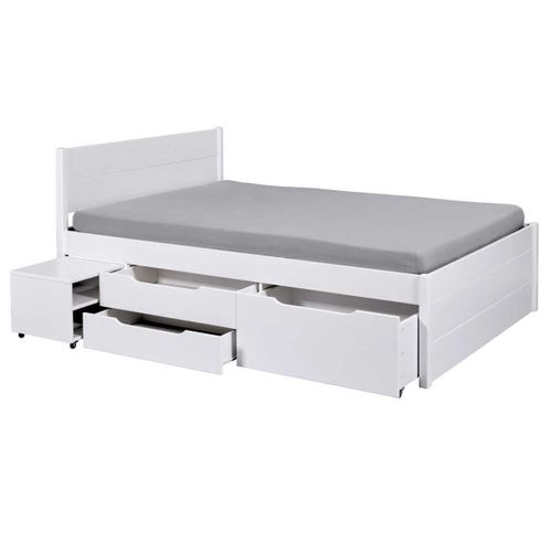 Lit 140x200cm Multi-rangement En Pin Massif Vernis Blanc - Efect