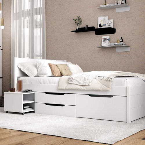 Lit 140x200cm Multi-rangement En Pin Massif Vernis Blanc - Efect