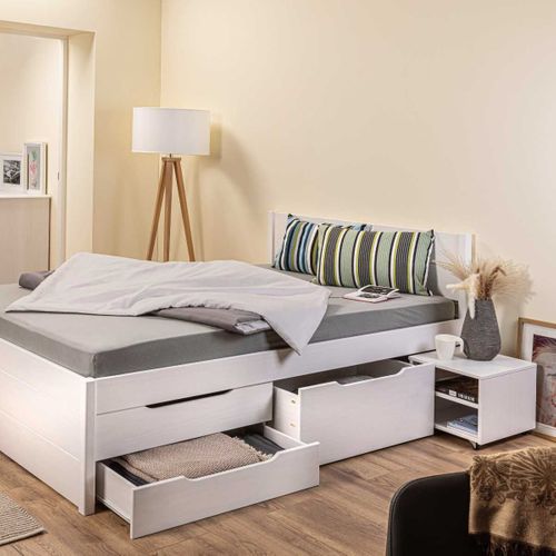 Lit 140x200cm Multi-rangement En Pin Massif Vernis Blanc - Efect