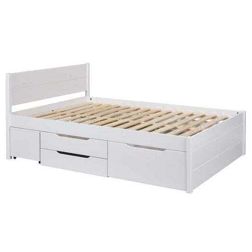 Lit 140x200cm Multi-rangement En Pin Massif Vernis Blanc - Efect