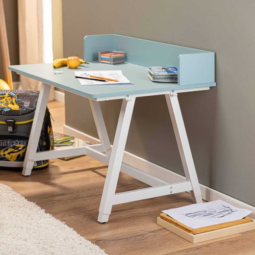 Bureau Enfant Réglable En Hauteur En Mdf Plateau Bleu Et Piètement Métal Laqué Blanc - Elion