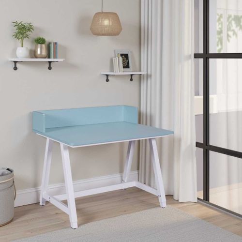 Bureau Enfant Réglable En Hauteur En Mdf Plateau Bleu Et Piètement Métal Laqué Blanc - Elion