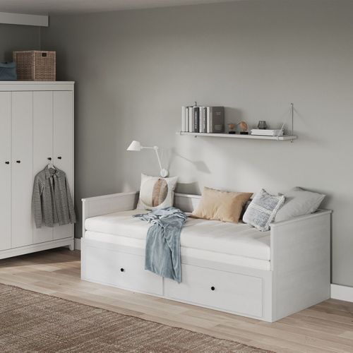 Lit Banquette 90x200 Cm Extensible En 180x200 Cm Avec Tiroirs De Rangement En Pin Vernis Blanc - Wi