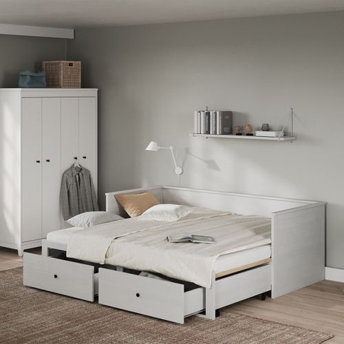 Lit Banquette 90x200 Cm Extensible En 180x200 Cm Avec Tiroirs De Rangement En Pin Vernis Blanc - Wi