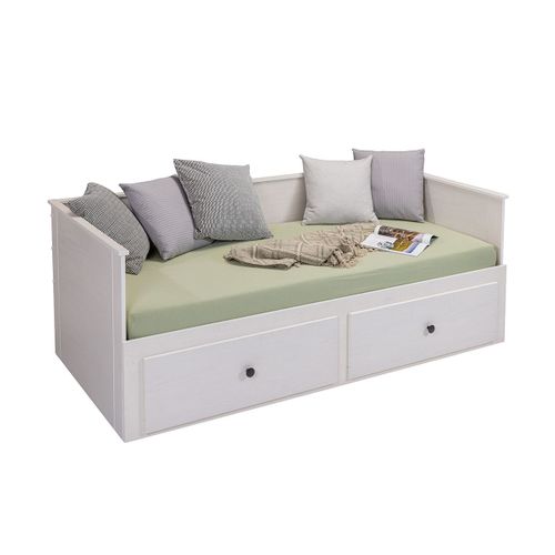Lit Banquette 90x200 Cm Extensible En 180x200 Cm Avec Tiroirs De Rangement En Pin Vernis Blanc - Wi