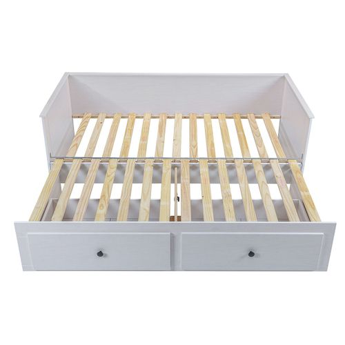 Lit Banquette 90x200 Cm Extensible En 180x200 Cm Avec Tiroirs De Rangement En Pin Vernis Blanc - Wi