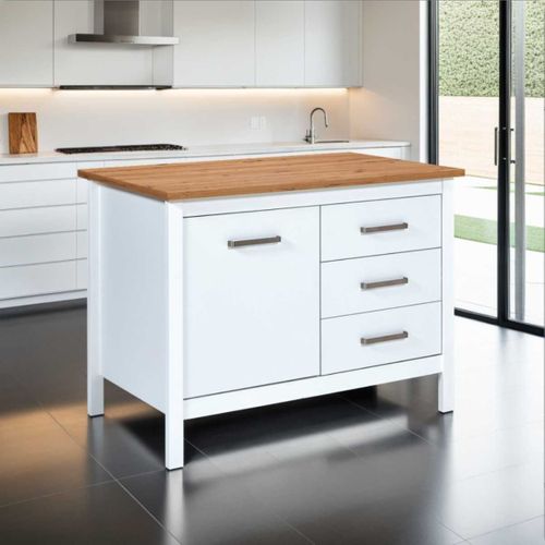 Ilot De Cuisine Blanc Et Plateau Effet Bois Avec Un Côté 1 Porte 3 Tiroirs Et 1 Côté 2 Étagères - K