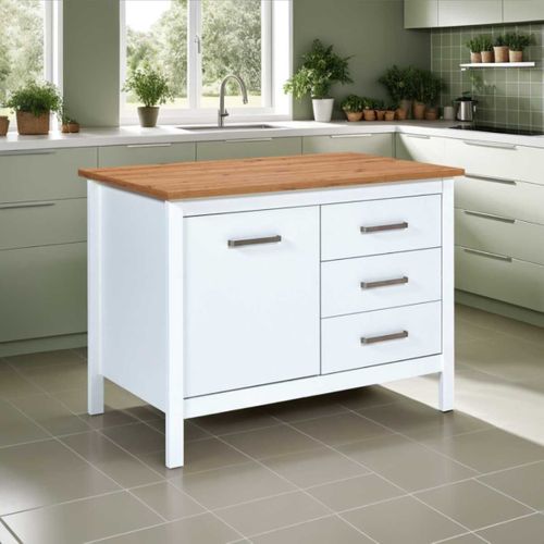 Ilot De Cuisine Blanc Et Plateau Effet Bois Avec Un Côté 1 Porte 3 Tiroirs Et 1 Côté 2 Étagères - K