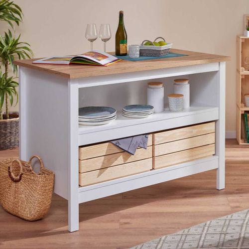 Ilot De Cuisine Blanc Et Plateau Effet Bois Avec Un Côté 3 Tiroirs Et 1 Côté 2 Étagères - Kenny