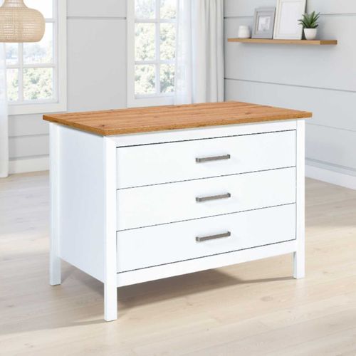 Ilot De Cuisine Blanc Et Plateau Effet Bois Avec Un Côté 3 Tiroirs Et 1 Côté 2 Étagères - Kenny