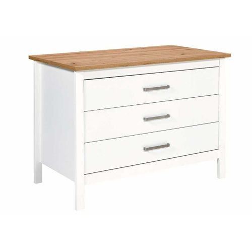 Ilot De Cuisine Blanc Et Plateau Effet Bois Avec Un Côté 3 Tiroirs Et 1 Côté 2 Étagères - Kenny