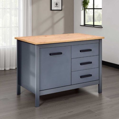 Ilot De Cuisine Anthracite Et Plateau Effet Bois Avec Un Côté 1 Porte 3 Tiroirs Et 1 Côté 2 Étagère