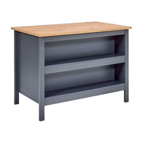 Ilot De Cuisine Anthracite Et Plateau Effet Bois Avec Un Côté 1 Porte 3 Tiroirs Et 1 Côté 2 Étagère