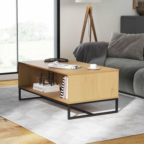 Table Basse 2 Niches En Pin Massif Teinté Chêne Piètement Noir - Cathy