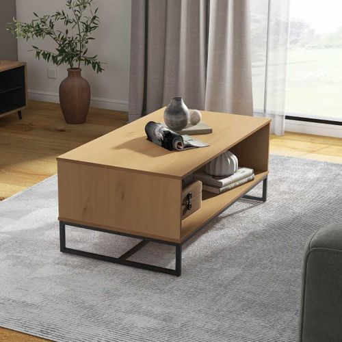 Table Basse 2 Niches En Pin Massif Teinté Chêne Piètement Noir - Cathy