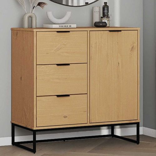 Rangement 1 Porte 3 Tiroirs En Pin Massif Teinté Chêne Piètement Noir - Cathy