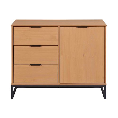 Rangement 1 Porte 3 Tiroirs En Pin Massif Teinté Chêne Piètement Noir - Cathy