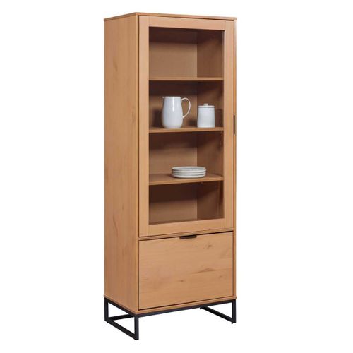 Vitrine 2 Portes Dont 1 Vitrée En Pin Massif Teinté Chêne Piètement Noir - Cathy