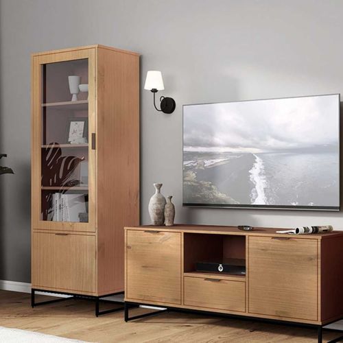 Vitrine 2 Portes Dont 1 Vitrée En Pin Massif Teinté Chêne Piètement Noir - Cathy