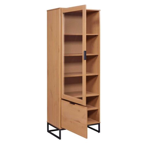 Vitrine 2 Portes Dont 1 Vitrée En Pin Massif Teinté Chêne Piètement Noir - Cathy