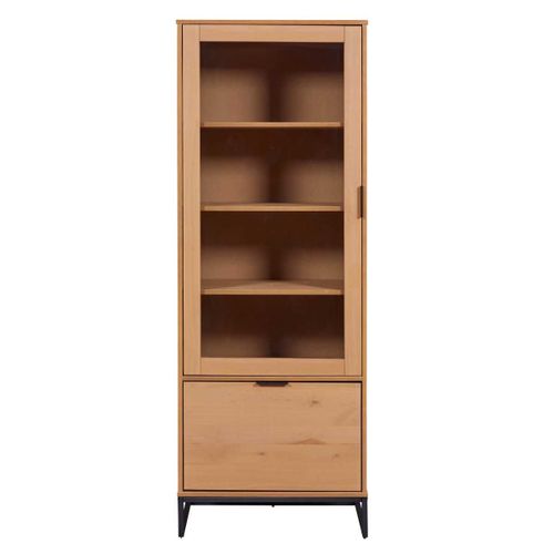 Vitrine 2 Portes Dont 1 Vitrée En Pin Massif Teinté Chêne Piètement Noir - Cathy