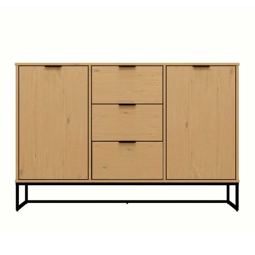 Buffet 2 Portes 3 Tiroirs En Pin Massif Teinté Chêne Piètement Noir - Cathy